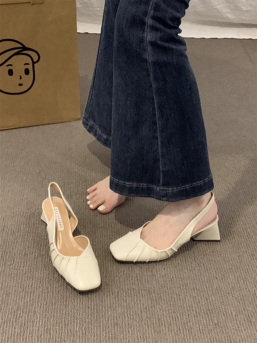 

Весна и лето 2025 новые босоножки с открытой пяткой на высоком каблуке, женская обувь на толстом каблуке с мелким вырезом, французский нежный ветер, одинарные туфли, женская с 35 абрикосовый