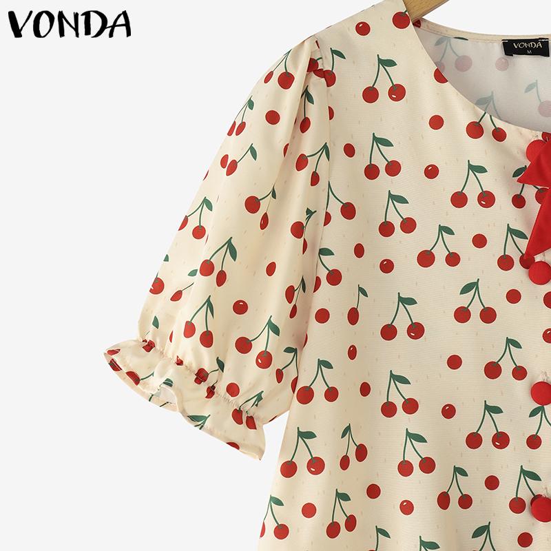 VONDA Women Summer Short Sleeve Bow Knot Printing Casual Ruffled Cropped Blouse