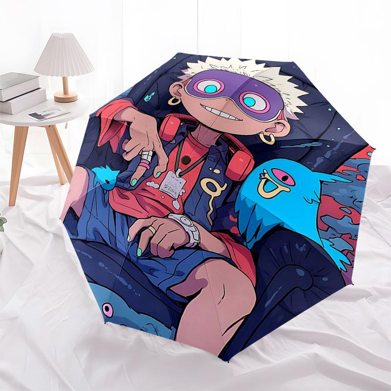 

1pc Automatic Folding Umbrella with Blue Ghost Design Portable Tri-Fold Design, 8-Bone Iron Frame, Outdoor, Ideal Gift for Fans, Travelers, Daily Use,