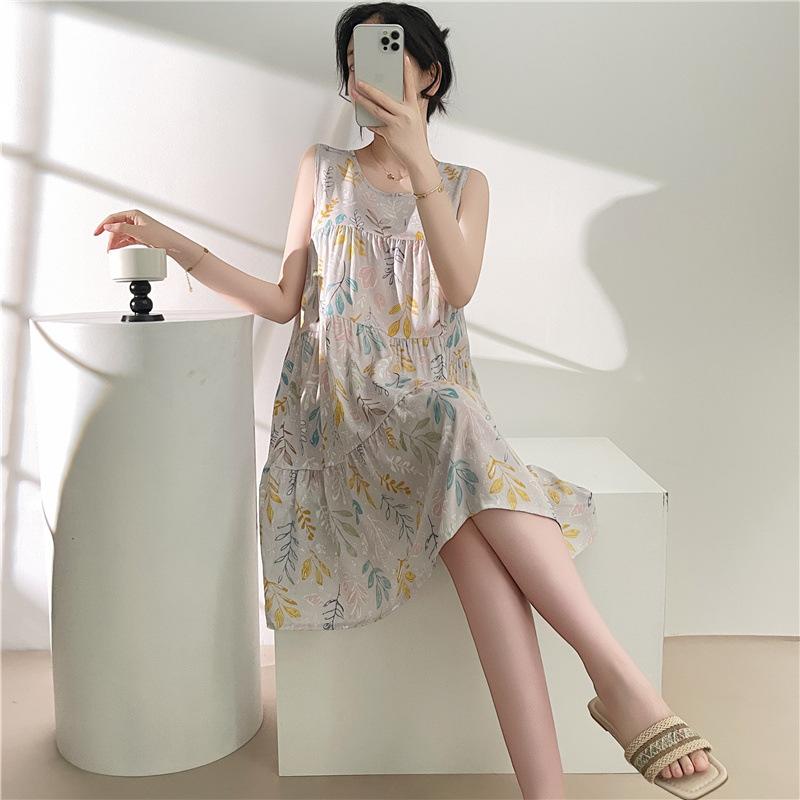 Women's Cotton and Silk Nightgown Summer Thin Internet Celebrity Large Size Printed Pajamas New Sleeveless Loungewear