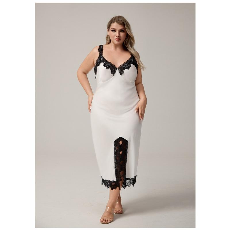 Large Satin Camisole Sleepwear Women's Summer Lace Sexy Slit Nightgown Long Home Outfit