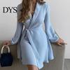 Slim Waist Dress Spring Fall Lady Women with Lace-up Tie Lapel V Neck Colorblock A-line Color Matching Coat Style Long Sleeves Commuting Business Mini