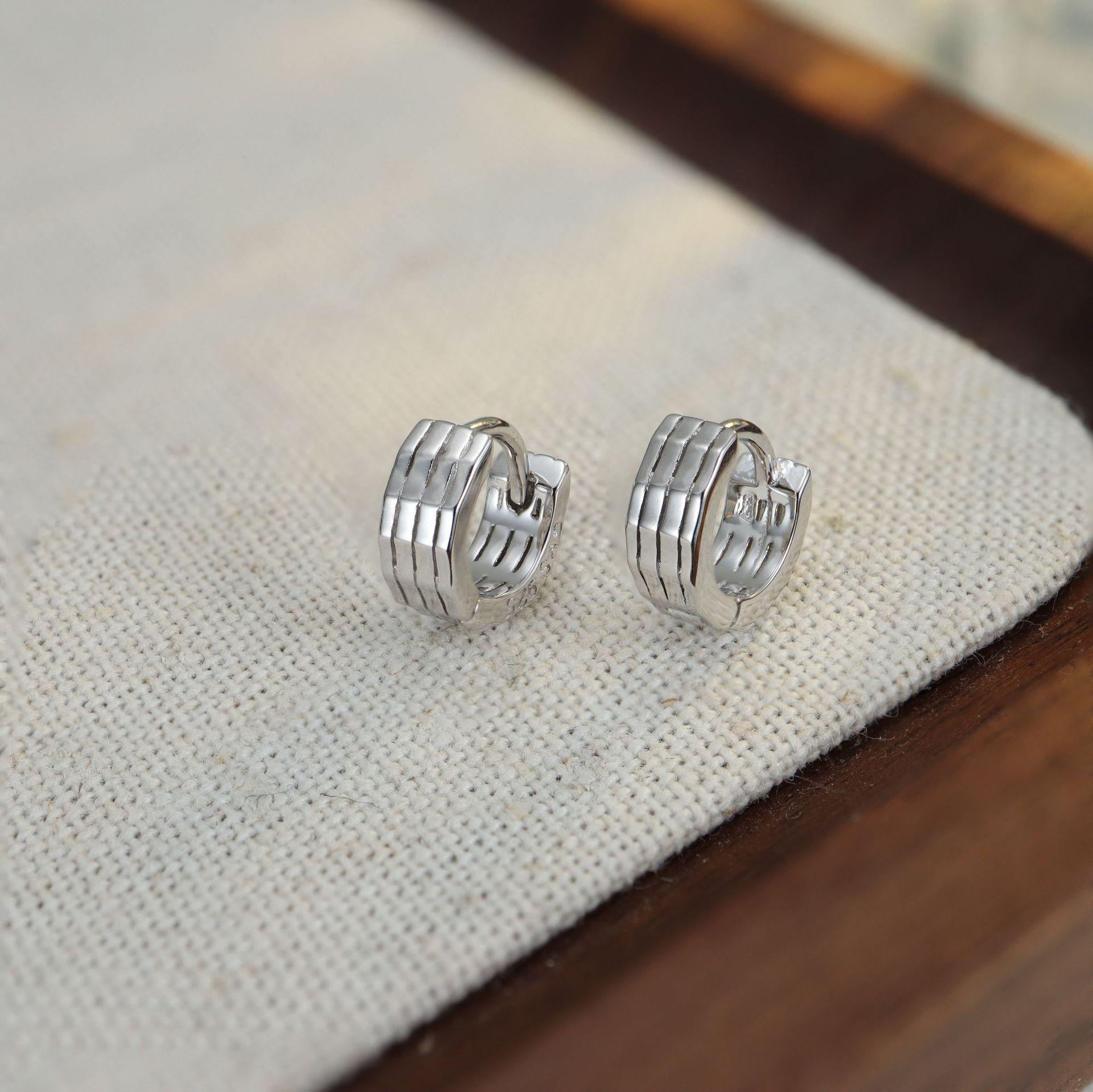 S925 Sterling Silver Striped Ear Cuffs Versatile Small Hoops платиновый