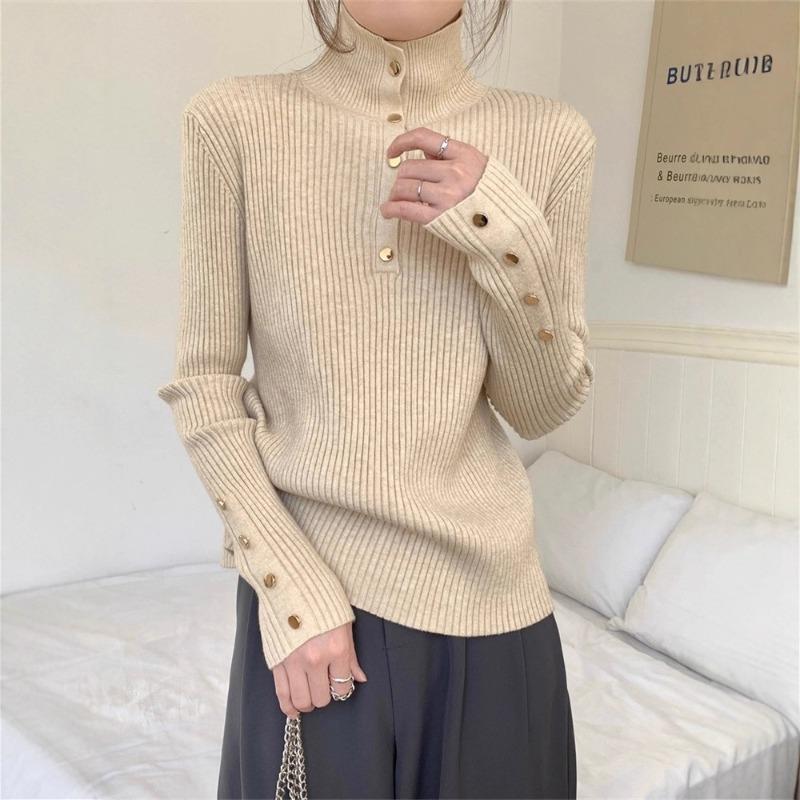 Half-turtleneck Pit Strip Long-sleeved Knitted Bottoming Shirt Women's Autumn and Winter Design Sense Button-up Sweater Slim-fit Top