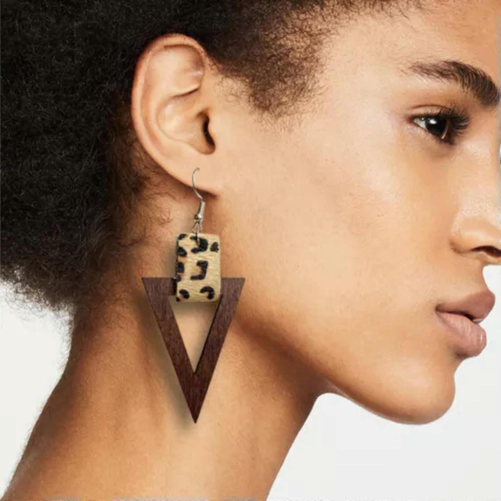 RSAMD Genuine Leather Wood Triangle Geometric Drop Earrings Statement Wooden Jewelry-#1