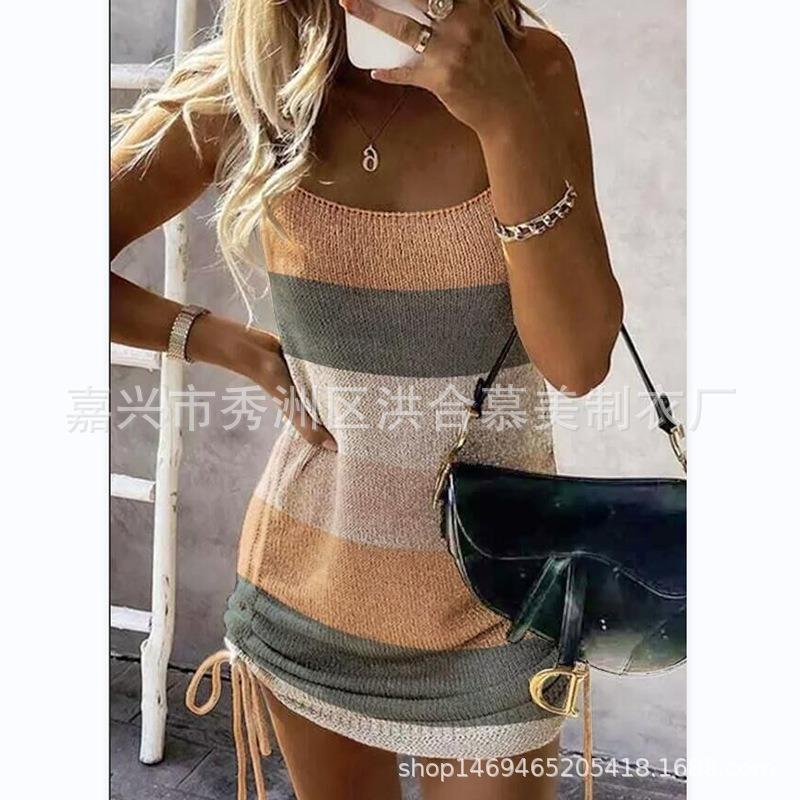 Moda donna estate primavera stampa tinta unita bretelle senza maniche abiti casual vita media