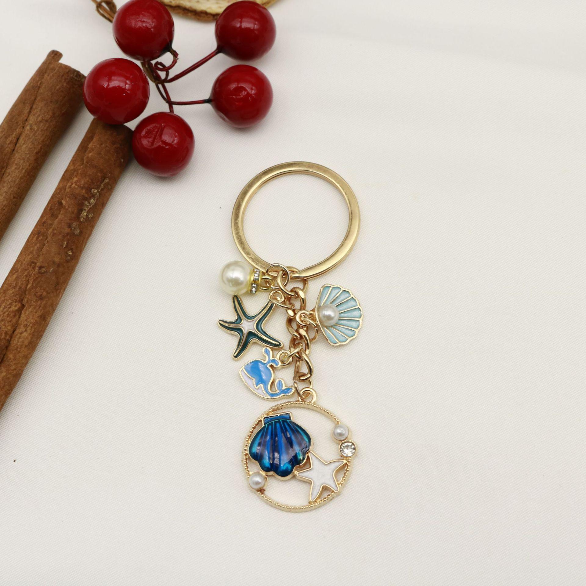 Cross-Border Ocean Series Mermaid Beach Keychain with Starfish, Turtle, and Drip Oil Design