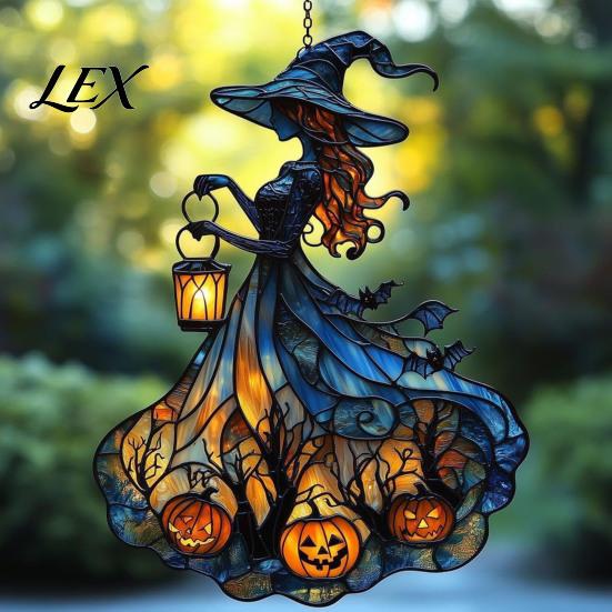 Unique Witch Themed Room Accents Acrylic Suncatcher, Stained Glass Effect Window Car Hanging Ornament, Gothic Scary Halloween Party Supplies for Home