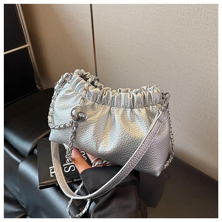 Folded underarm lychee pattern bags fashionable simple chain versatile single shoulder oblique span handbag