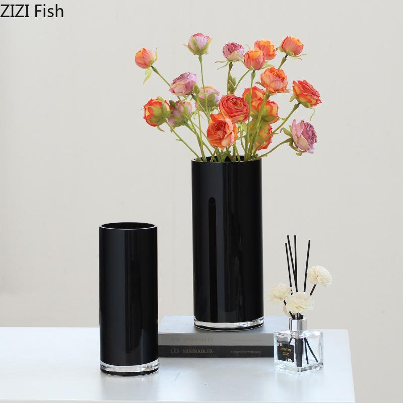 Straight Cylinder Black Glass Vase Plant Pot Table Decoration Flower Arrangement Minimalist Floral Vases Room Aesthetic Decor