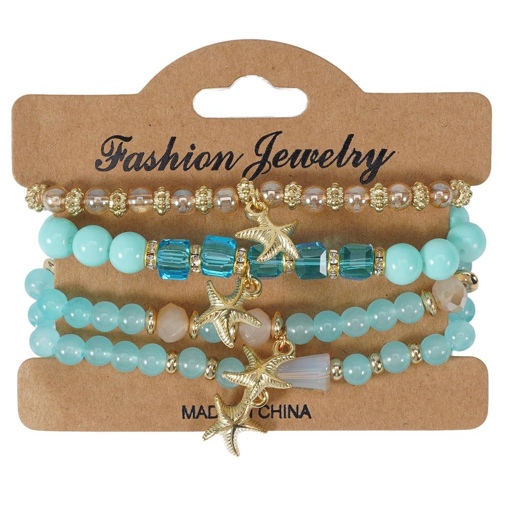 Bohemian Starfish Pendant Beaded Bracelets, 4 Pack, Beach Summer Jewelry, Handmade Stretch Bangle, for Women Gift