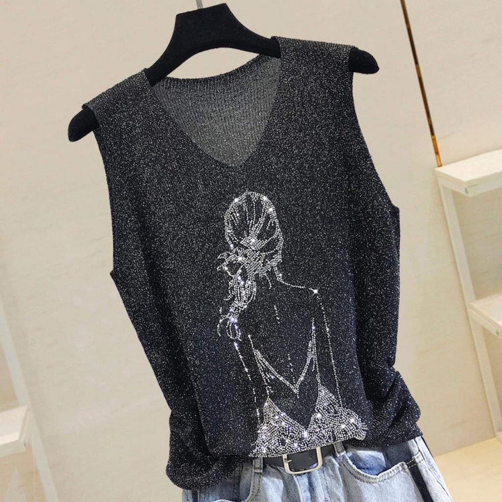 2023 Shiny Silk Sleeveless V-Neck Women's Vest - Spring/Summer New Style, Loose Fit with Hot Diamond Sling Knitted Design