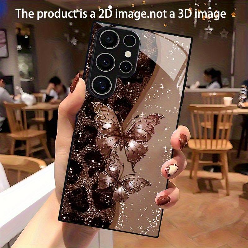 Brown butterfly leopard print glass phone case suitable for Samsung Galaxy S26 S25 S24 S23 S22 S21 S20 FE/Ultra/Plus dustproof