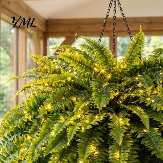 Artificial Plants for Balcony Pre-Lit Ferns with Warm LED Lights, UV Resistant Faux Hanging Garden Decoration Home Outdoor Patio Front Porch