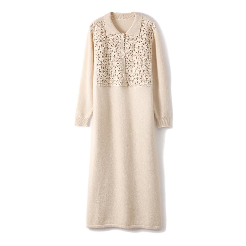 Floral Patchwork Crochet Shirt Collar Australian Wool Retro Long Skirt for Women - 2026 New Style.
