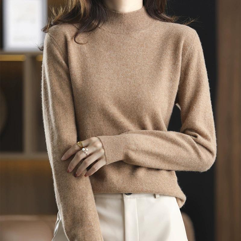 Half High Neck Fashionable Versatile Knitted Sweater for Women, Autumn and Winter Short Style Pullover, Solid Color Loose Sweater Base