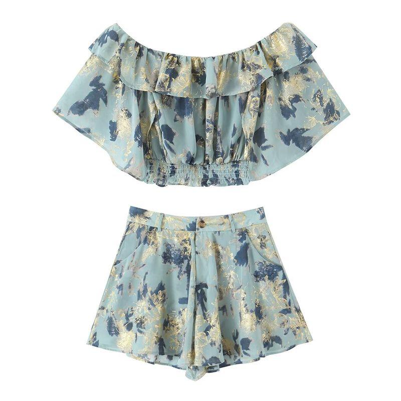 Kaslead New Women Clothes Western Style Fashion Simple Chiffon Gilding off-Shoulder Shorts Set