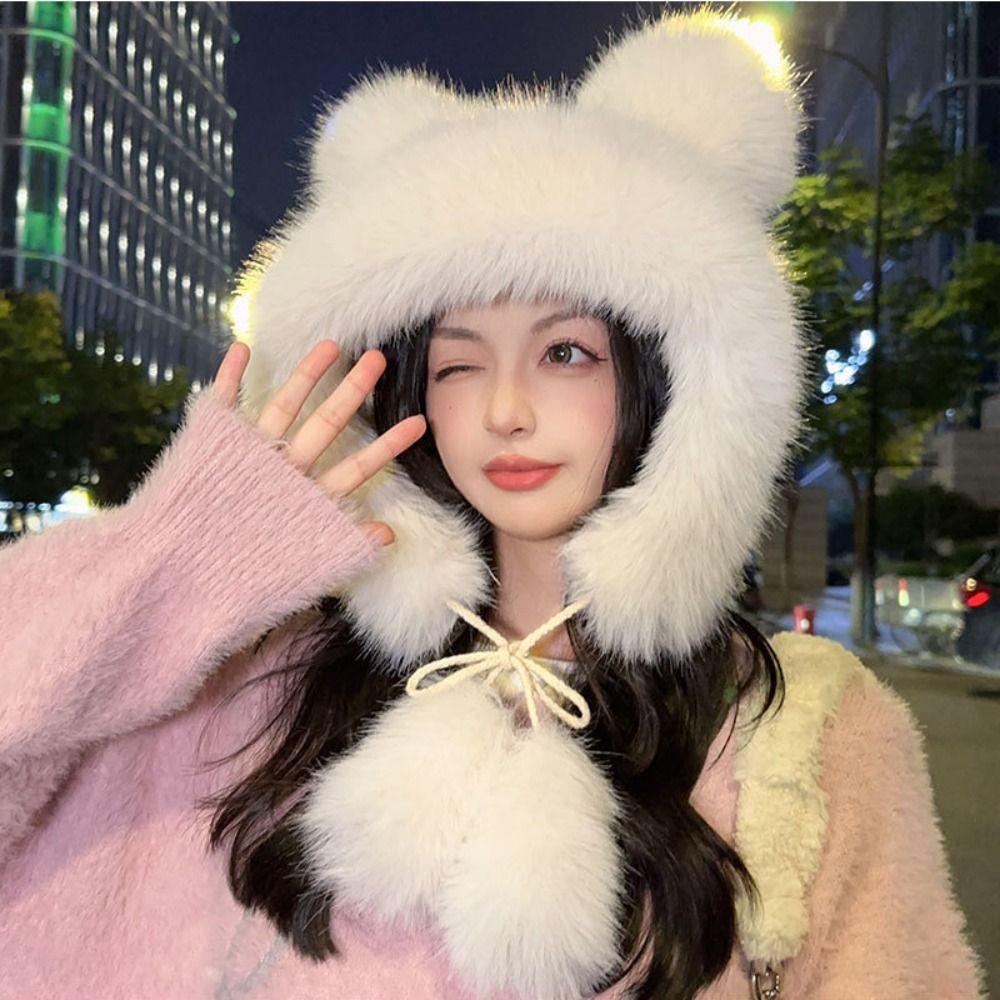 Warm Plush Bear Hat Cute Bucket Hat Thickened Ear Protection Hat  Women