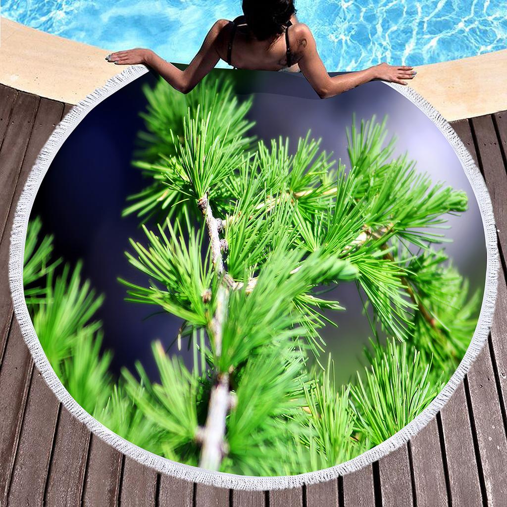 Pine Tree Printed Round Beach Towel with Tassels, Microfiber Beach Blanket, Absorbent Quick Dry Pool Towel Portable Picnic Mat