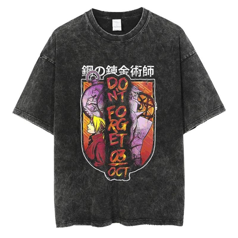Hot Sale Mustang Roy Anime Fullmetal Alchemist Graphic Print T-Shirt Men Women Harajuku Hip Hop Vintage Washed Cotton Oversized Top Summer New Tee