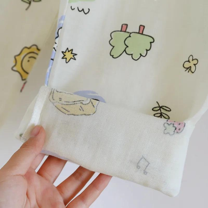 Spring and Summer New Women's Pajamas Set 100% Cotton Double-layer Gauze Long-sleeved Two-piece Set Cartoon Cute and Sweet Home