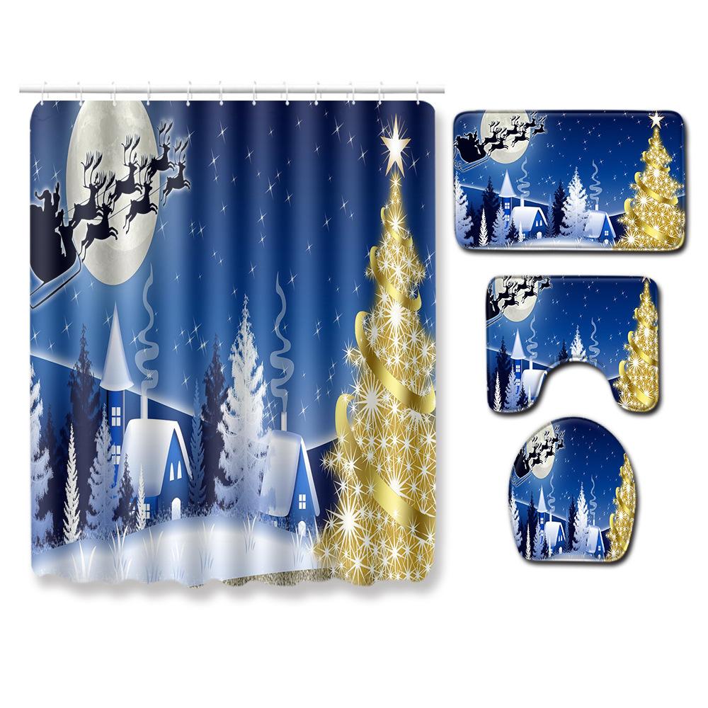Christmas Four-Piece Shower Curtain Combination Floor Mat Set Bathroom Non-Slip Door Mat Absorbent Carpet