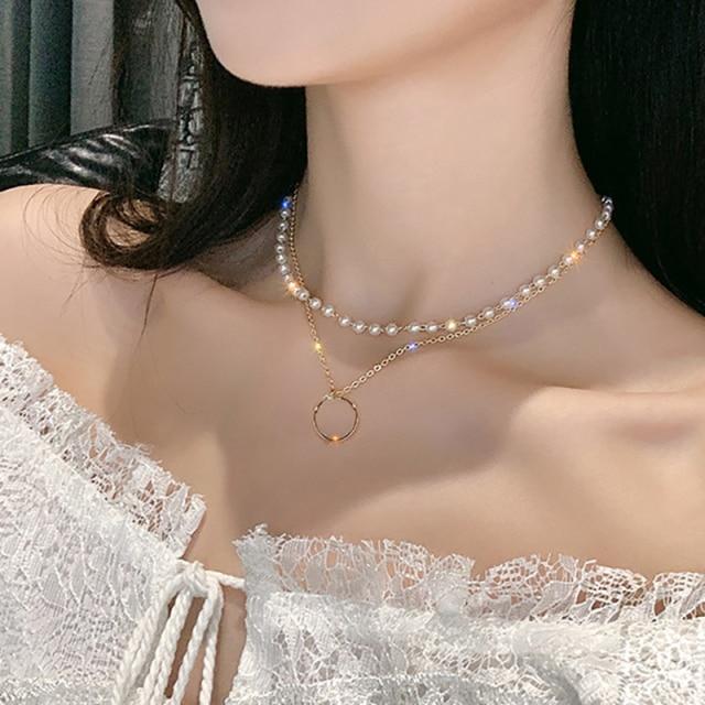 Modish Fashionable Butterfly Crystal Stone Pearl Pendant Necklaces Bold Statement Clavicle Pearl Chain Layered Necklaces Trend Butterfly Collar