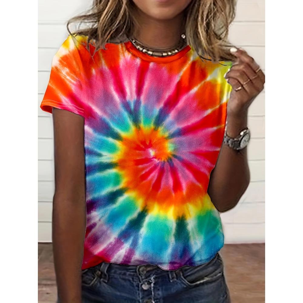 

Rainbow Swirl Tie-Dye Women s Tee - Vibrant Spiral Pattern Graphic, Retro Hippie Print Design for Casual Daily Wear M