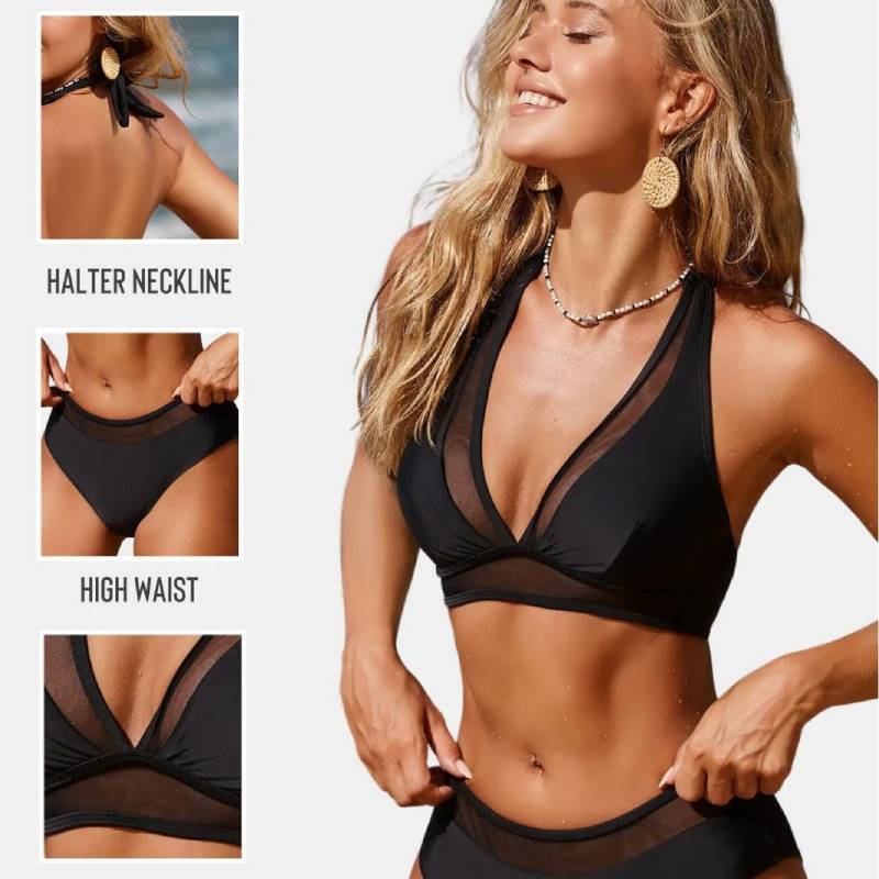 Polyester High Waist Bikini With Mesh Panels And Removable Padded Cups For Water Sports