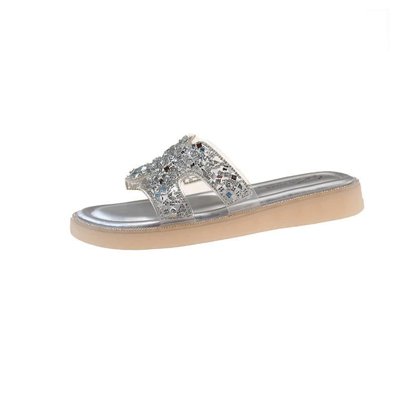 Summer Flat-bottomed Slippers Sweet One-word Commuting Will Drag Rhinestones Thick-bottomed Comfortable Versatile Summer Fashion Slippers