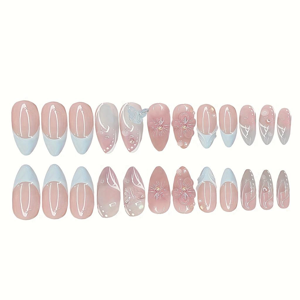 Set van 24 stuks Franse Amandel Plaknagels, Blauw & Roze Verloop 3D Strepen & Bloemig Vlinder Design, Verwijderbare Valse Nagels met 1 Gel & Nagelvijl