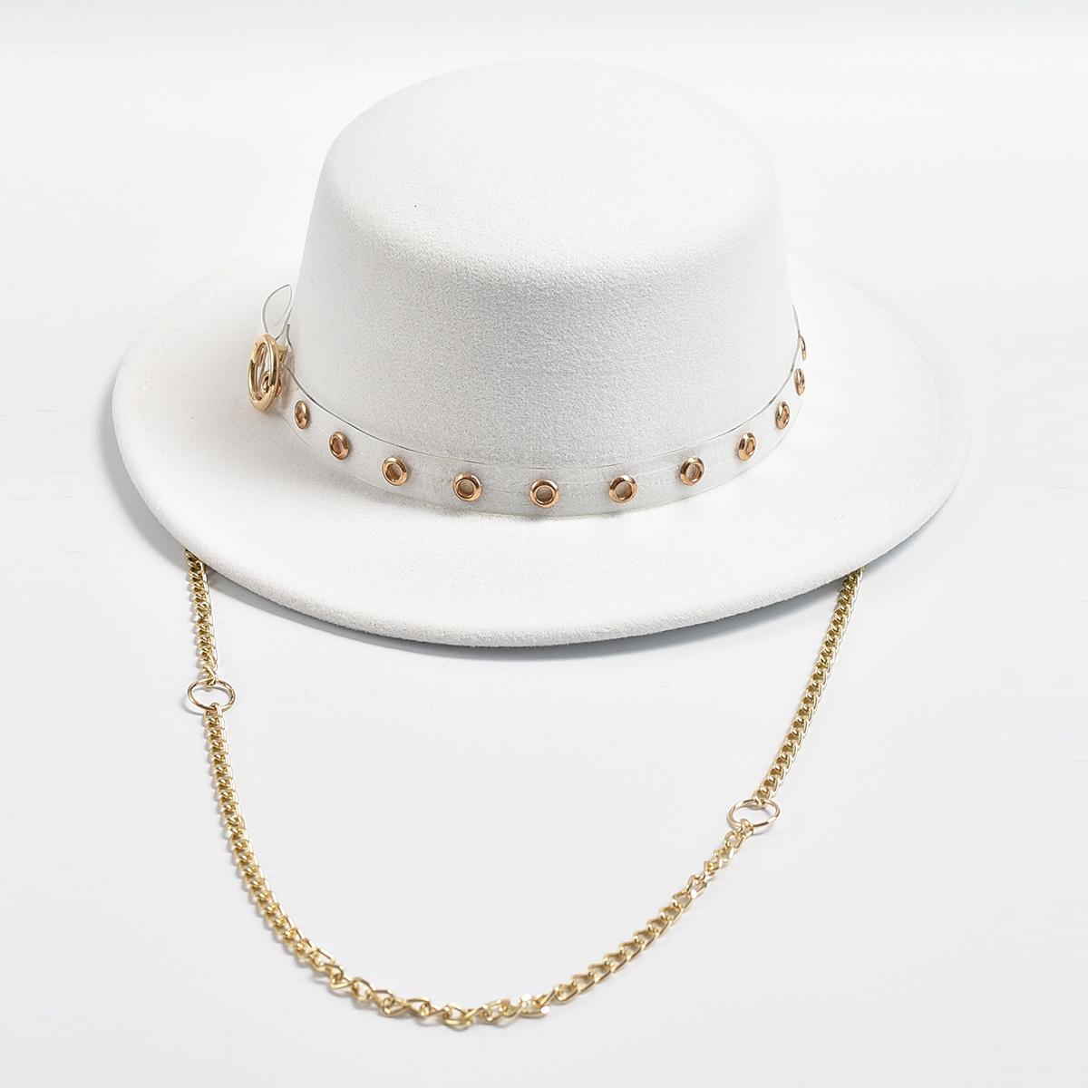 

New Flat Top Fedora Hat for Women Metal Chain Decor Felt Jazz Hats Autumn Winter Elegant Wedding Party Hat Chapeau Femme 56-58cm белый