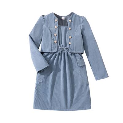 Großes Mädchen Herbst Winter Neu Dick Gerippt Texturiert Lässig Langarm Strickjacke Kleine Jacke Weste Kleid Set