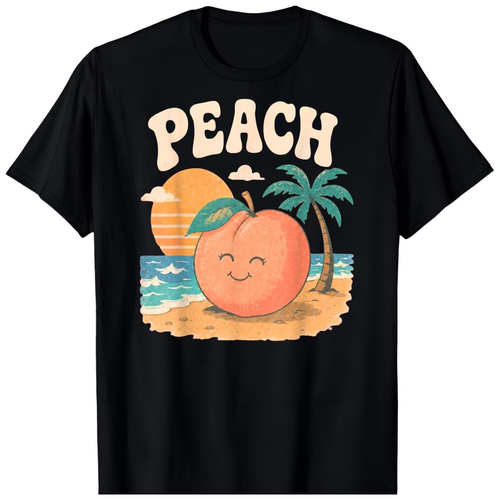 Peach Beach Summer Retro Cute Fruit Sunset Design BLACK T-Shirt 0108