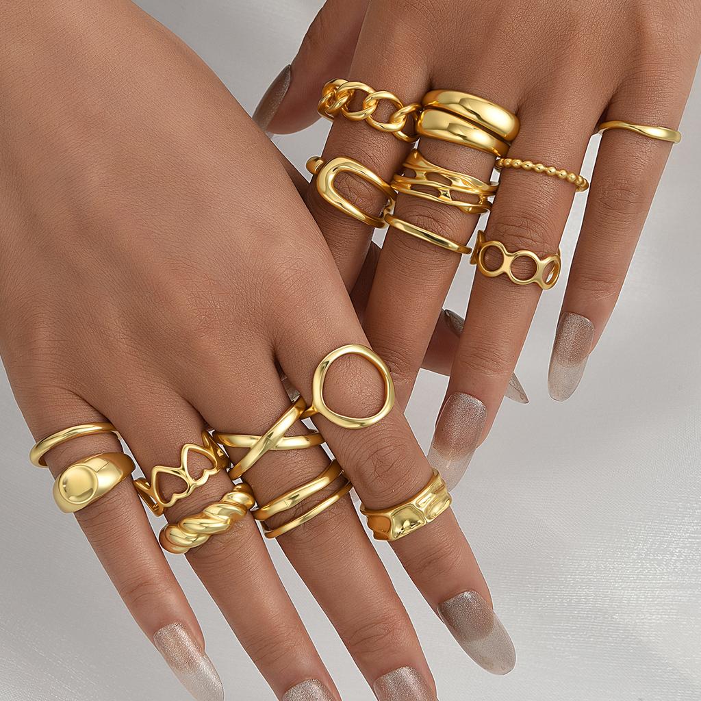 17KM 16-teiliges Geometrisches Hohlherz Offener Ring Set Modeschmuck Damen Trendig Glänzend Täglich Party Accessoire Geschenk Für Sie