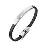 Custom Thin Men's Leather Bracelet Stainless Steel Bar Engraved Name ID Tags Classic Style DIY Size