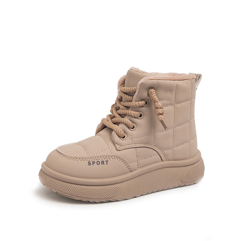 

Зимние детские ботинки 2025 года, мягкие зимние ботинки, теплые хлопковые ботинки, высокие, со шнуровкой и боковой молнией, нескользящие уличные ботинки для девочек 27 хаки