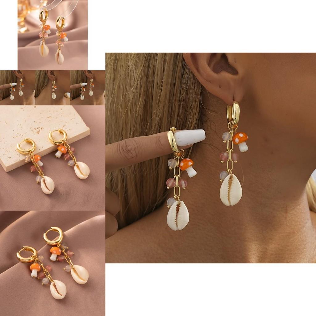 Elegant Geometric Gold-plated Copper Shell Mushroom Pendant Earrings For Women