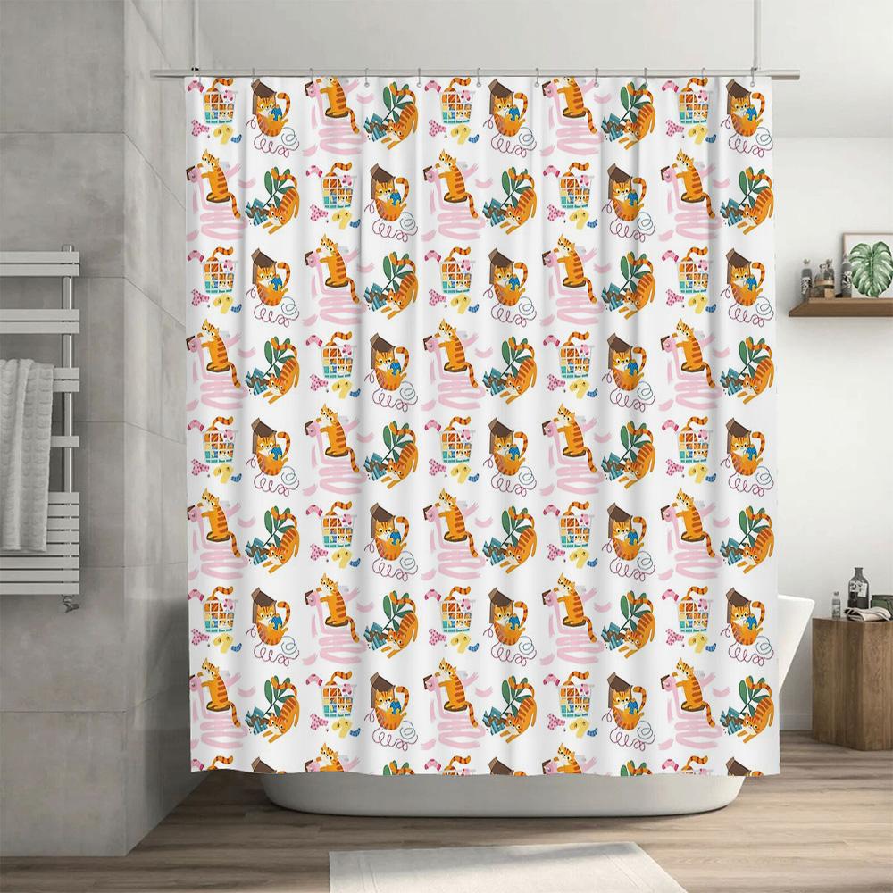 Cute Tiger Bathroom Decor Shower Curtain Animal Jungle Wildlife Pattern Washable Fabric Home Decor Modern Style