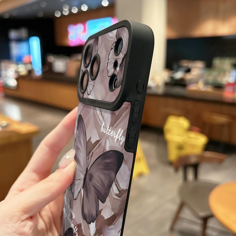 Butterflies Printed Vertical Grain Leather Soft Silicone Phone Case Back Cover with Camera Lens Full Protection for iPhone 17