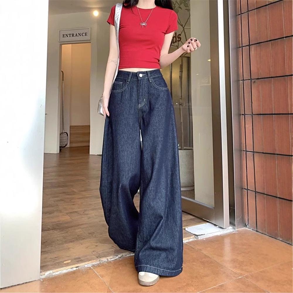 

Retro High-Waisted Dark Wash Wide-Leg Jeans for Women L
