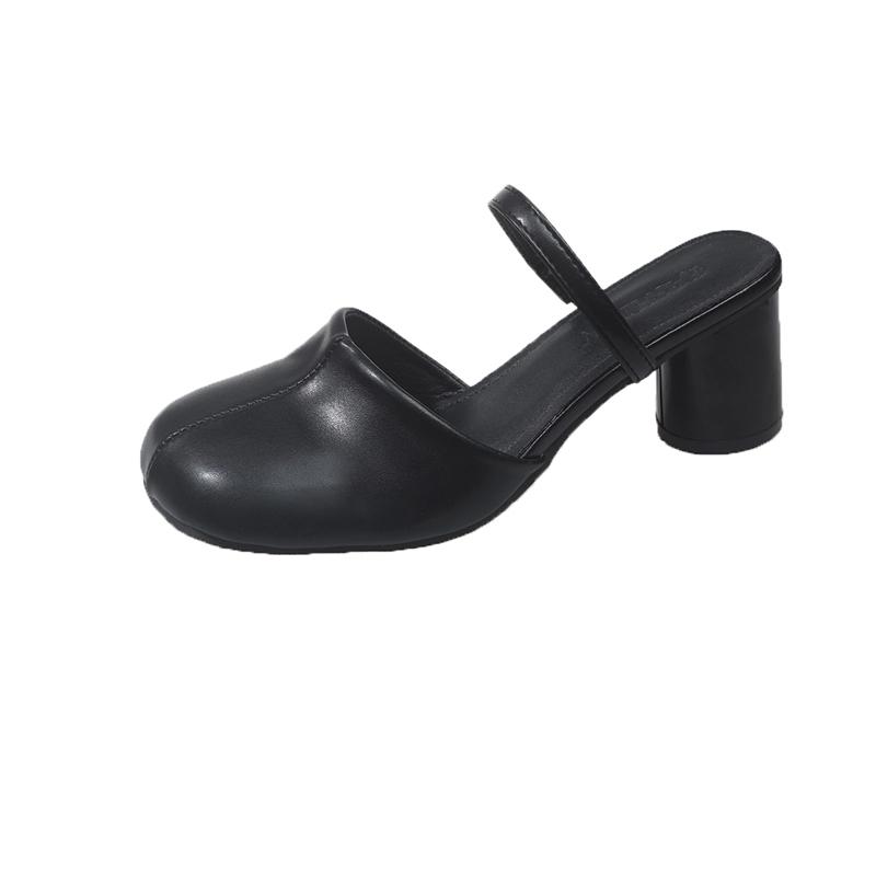 Temperament Baotou Hausschuhe für Damen im Sommer tragen Neue runde Zehen Ein-Wort-Riemen Rücken Luft Rutschfeste Blockabsatz Sandalen