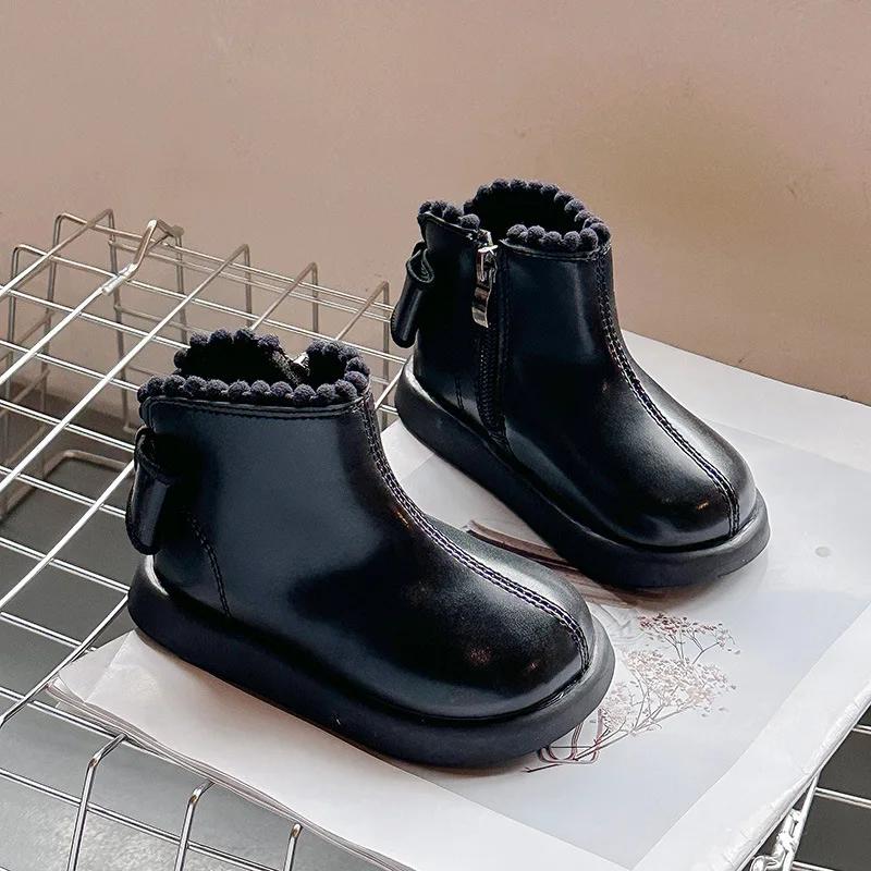 2024 Children Short Plush Boots for Girls Autumn Winter New Fashion Korean Style Soft Anti-slippery Sweet Bowtie Leather Shoes