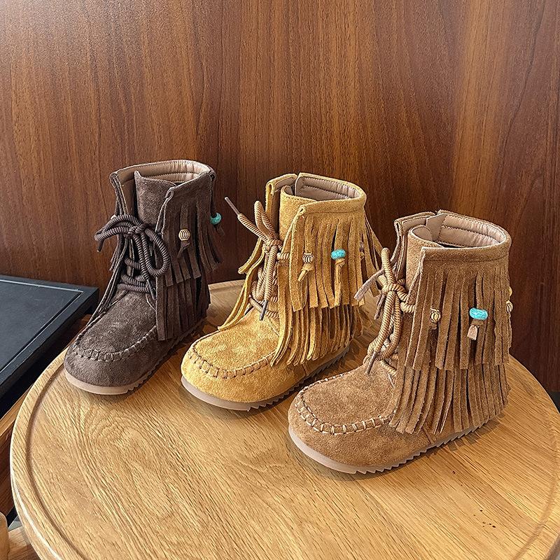 Children Clothing Yulin-001 Girls Khaki Botas Retro ' Shoes Autumn Kids Tassel Ankle Boots Comfort Anti Slip Leather Boots Zapatos De Mujer Cm