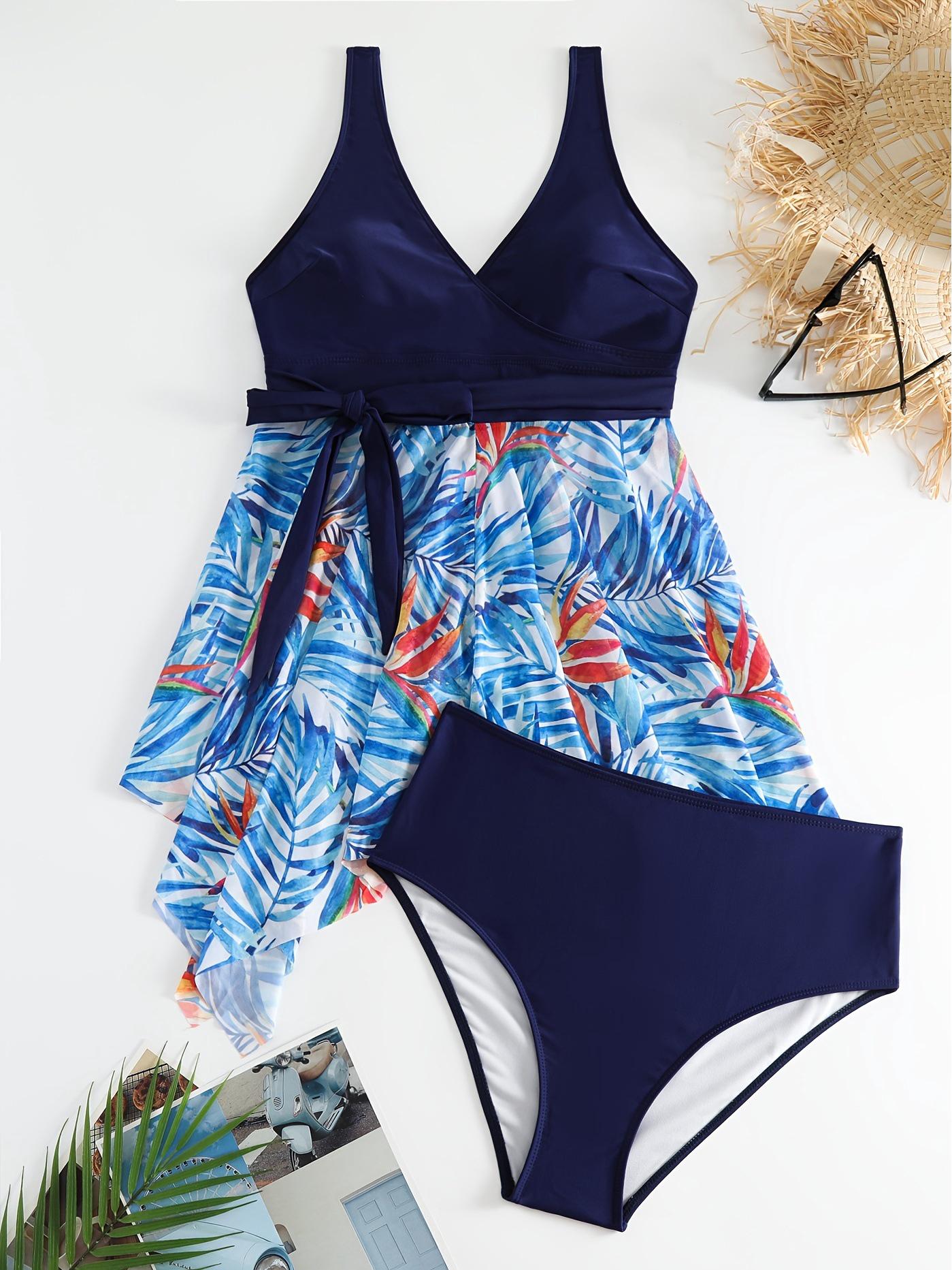 

2025 Большой размер Цветной блок Сетчатый танкини с юбкой XS темно-синий