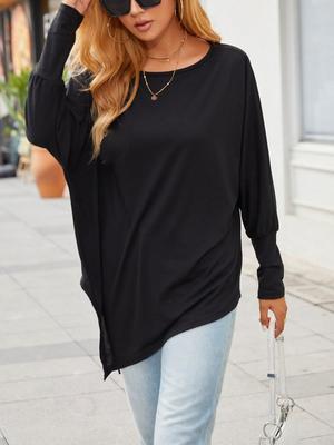 Women's Oversize Long-Sleeve Spring/Fall Asymmetrical Hem T-Shirt