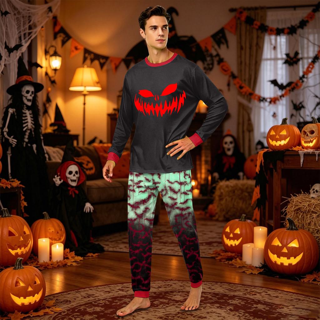 Long Sleeve Halloween Print Pajama Set for Adults and Kids Comfortable Homewear Top and Pants Matching Family Outfits