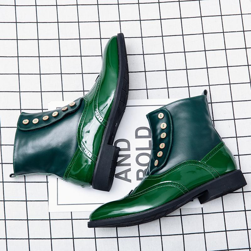Men Business Ankle Boots Black Green Lacquer Leather Fashion Button Block Boots British Style Chelsea Boots Size 38-46 Men Boots