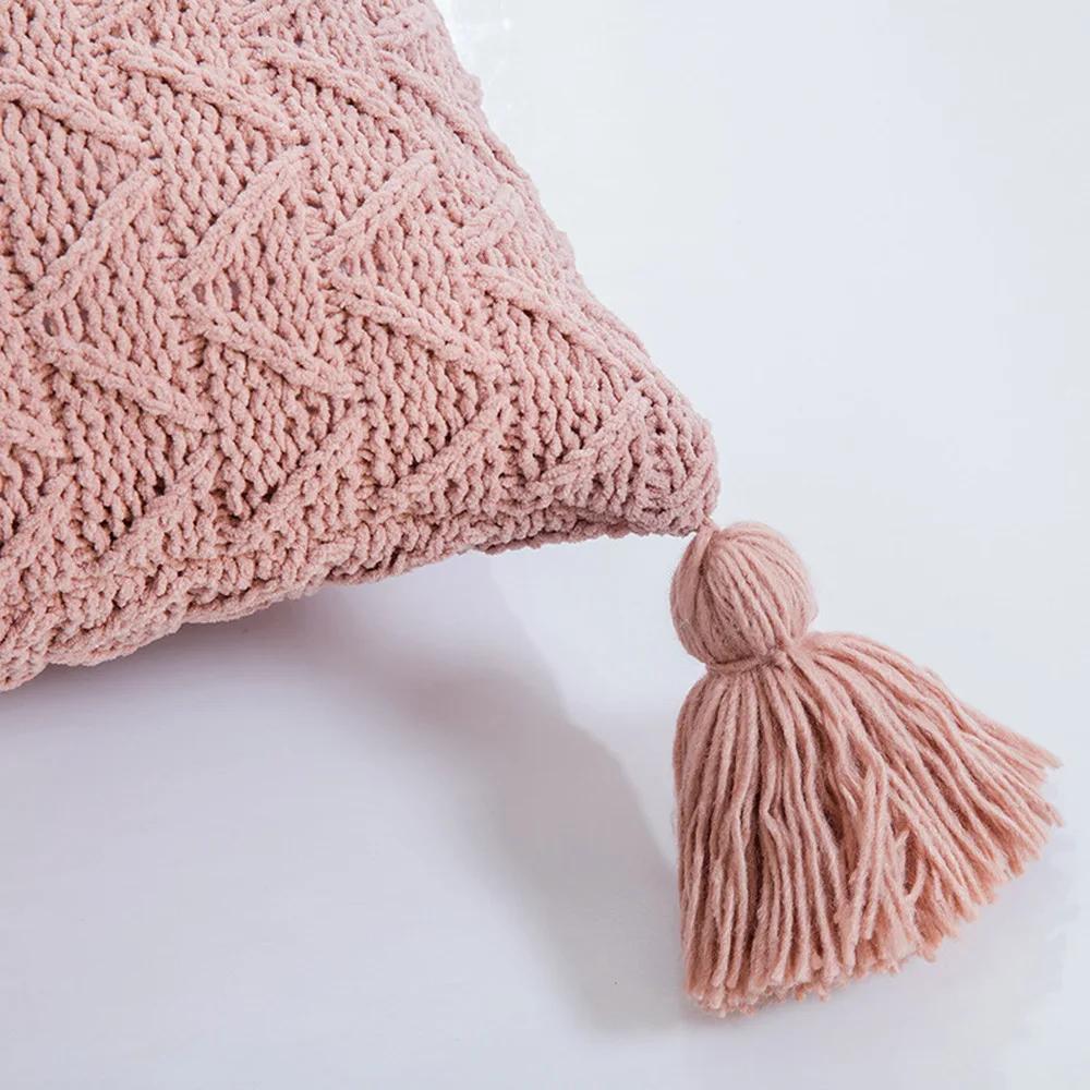 45x45cm Nordic Chenille Knitted Square Cushion Cover Yellow Pink Pillow Cover with Tassels Pillowcase Sofa Bed Chair Decorative