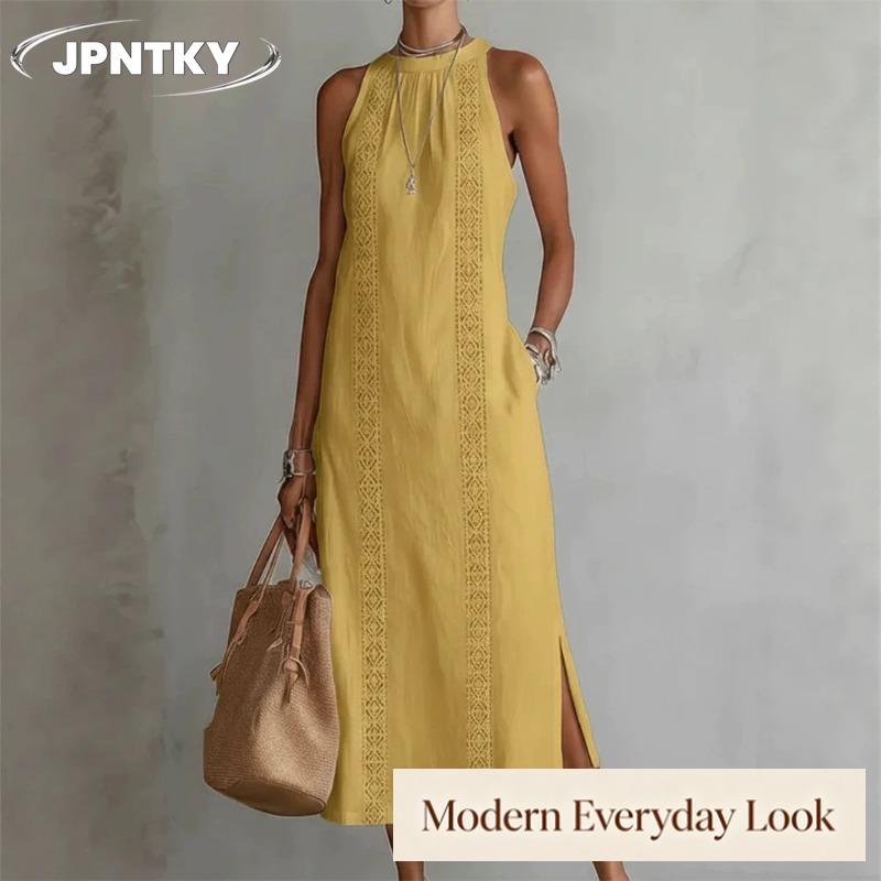 JPNTKY Fashion Solid Color Print Sleeveless O-Neck Casual Dresses